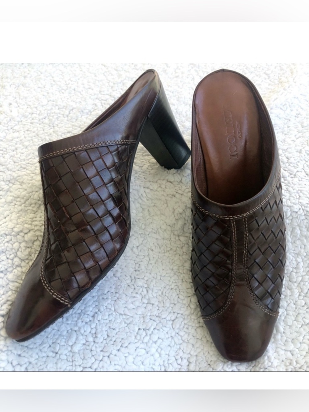 Sesto Meucci clogs mules woven leather brown size 7 made in Italy heels shoes
